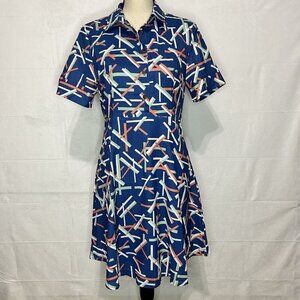 SM Wardrobe Geometric Print Button Front Dress Blue Green Coral Sz M